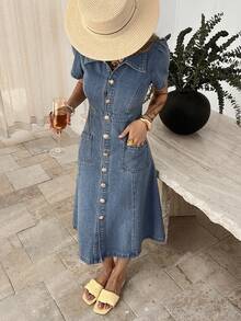 Dazy Tall Đầm denim dài tay ngắn cổ bẻ, thắt eo, kiểu dáng thanh lịch, thích hợp mặc đi biển cho nữ. - Rửa trung bình - Xem 5