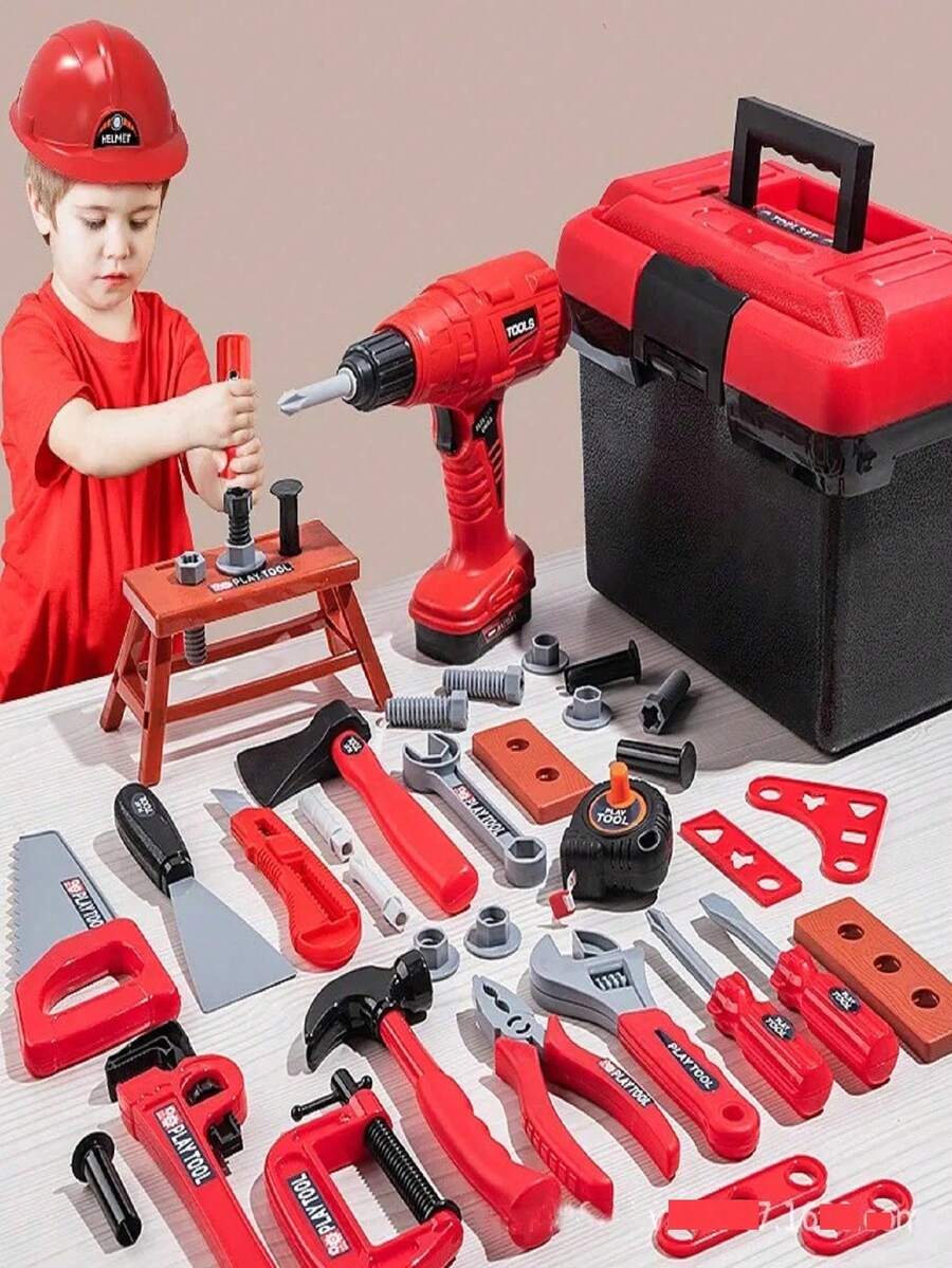 41件/38件儿童仿真维修工具玩具套装，儿童角色扮演维修工具玩具套装，电动钻维修套装，工具，钻头，螺丝刀，锤子，螺丝钳，钉子，木板仿真工程师工具套装，儿童角色扮演家庭教育玩具，过家家玩具，男孩玩具，有助于提高动手能力，亲子互动工具玩具，儿童工具玩具套装