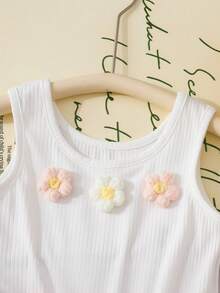 SHEIN Elladie kids 少女花卉細肩帶腰部連身褲，藍白配色，甜美舒適，大花卉腰帶，女孩夏季休閒穿搭 - 粉色 - 查看 6