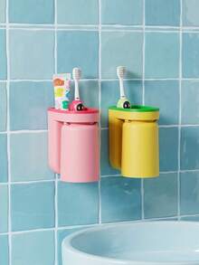 Joivida 1 chiếc hộp đựng đồ dùng nhà tắm sang trọng gắn tường, không cần khoan lỗ, dùng để đựng bàn chải đánh răng, nước súc miệng, kem đánh răng, trang sức, dao cạo râu, bộ dụng cụ chăm sóc răng miệng cho cặp đôi. - Giá đỡ cốc súc miệng - Xem 2