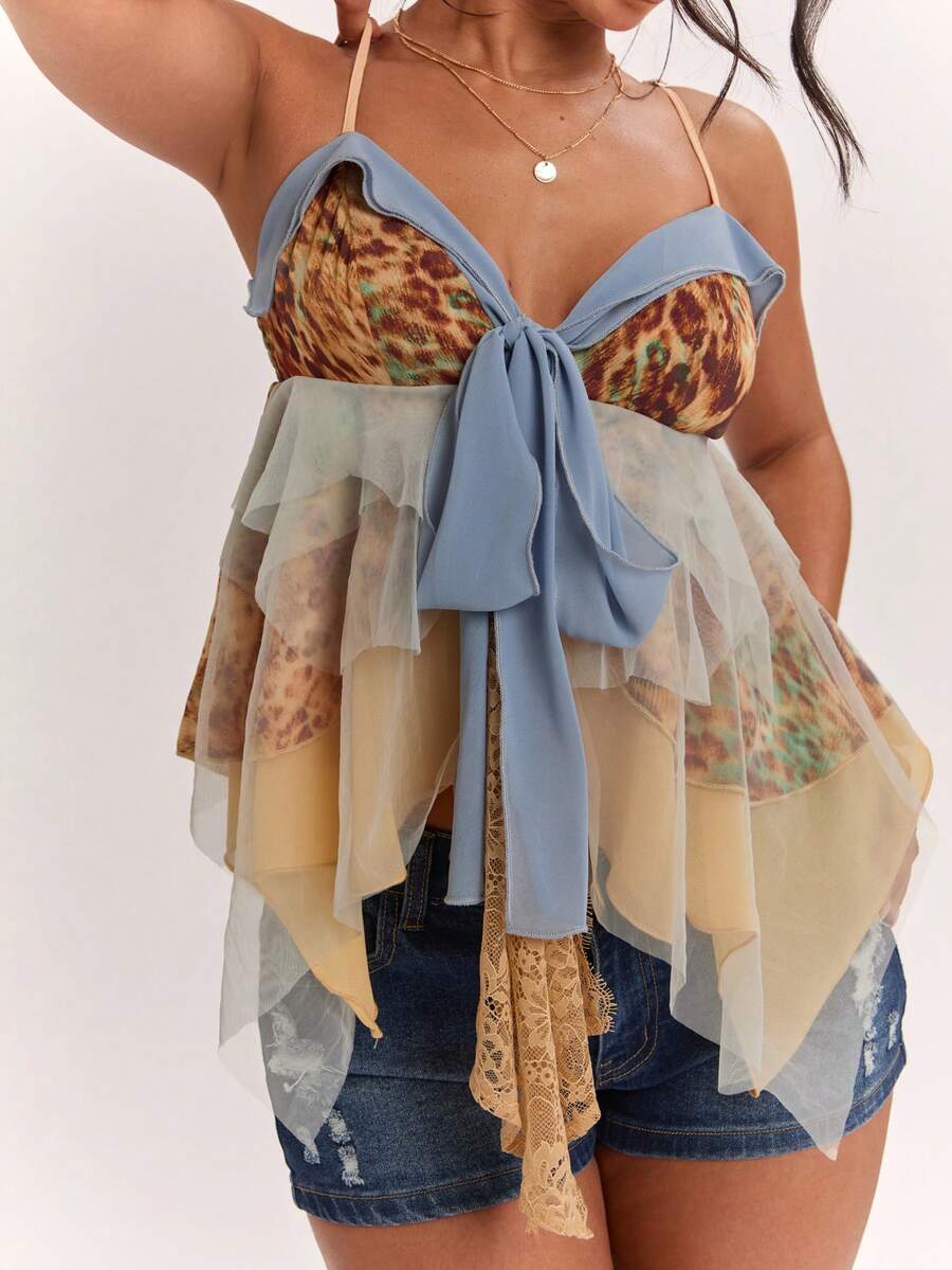 SHEIN BAE Áo hai dây nữ thanh lịch, thoải mái, kiểu dáng đi nghỉ mát, xếp lớp, bèo nhún, phối màu tương phản, thắt nơ, ren, họa tiết da báo, áo đi biển, áo phong cách bohemian, áo retro, áo vintage, áo bèo nhún, áo mùa hè, áo dễ thương. - Nhiều màu - Xem 1