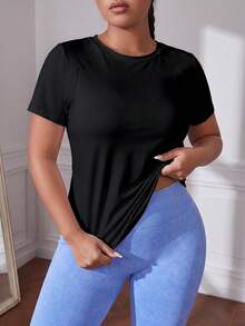 Easithlete Casual Versatile Black Plus Size Mesh Patchwork Short Sleeve Slim Fit Sports T-Shirt - Black - View 1