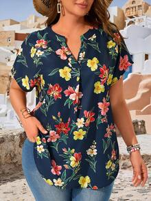 EMERY ROSE Plus Size Notch Neck Batwing Short Sleeve Casual Blouse, Summer, Vacation Boho - Multicolor - View 1