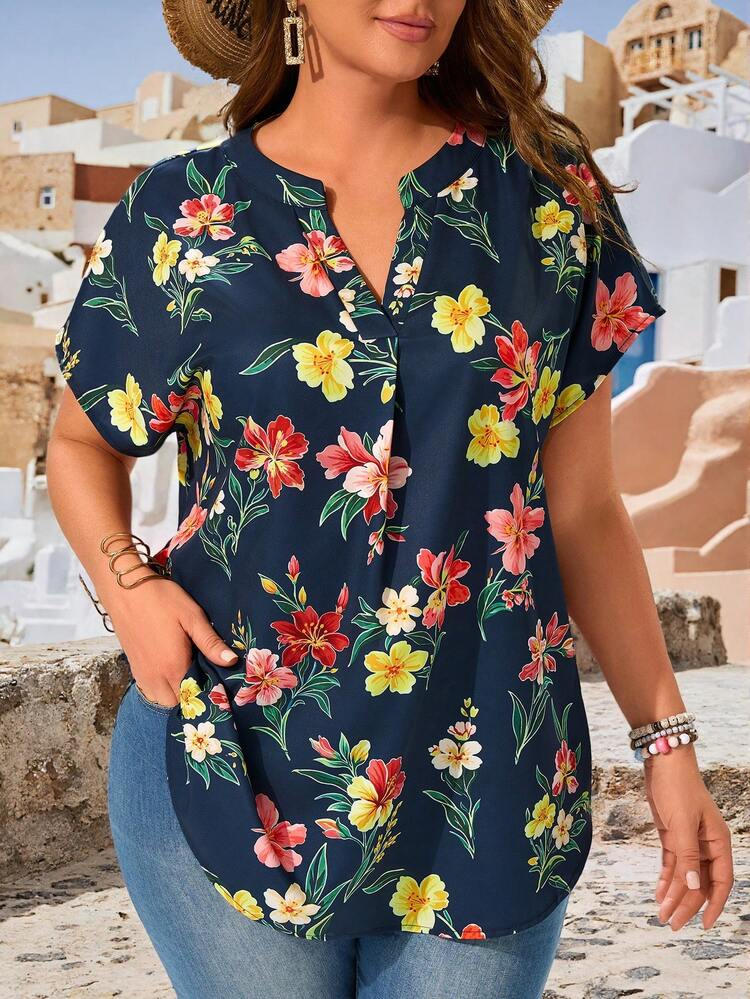 Plus Size V-Neck Batwing Short Sleeve Solid Casual Blouse,Summer Clothes,Vacation Outfits Woman / Vacation,Boho Women's Clothing