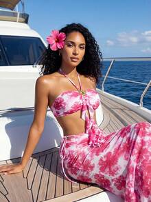 Vaytide Ensemble de bikini à volants avec attache au cou, imprimé floral d'été pour femme, avec cache-maillot et jupe - Rose bonbon - Voir 7