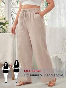 SHEIN Tall CURVE 大码女式纯色腰带口袋宽松裤 - 杏色 - 查看 4