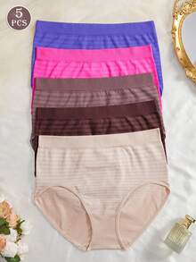NudeFit 5PCS Women Plus Size Comfy Stretch High Waisted Striped Seamless Full-Coverage Panties - Multicolor - View 6