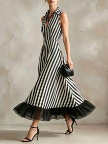SHEIN Holidaya Đầm voan đen phối sọc kiểu Pháp cổ điển, cổ chữ V sâu, khóa kéo eo, đầm trà thanh lịch cho kỳ nghỉ hè. - Đen và trắng - Xem 4