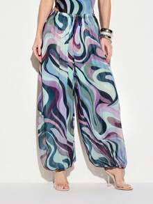 KIZN Beach Cover Up Swirl Print Wide Leg Balloon Trousers Vacation Resort Swimwear Cover Up Pants Summer Beachwear Boho Style - Multicolor - View 1