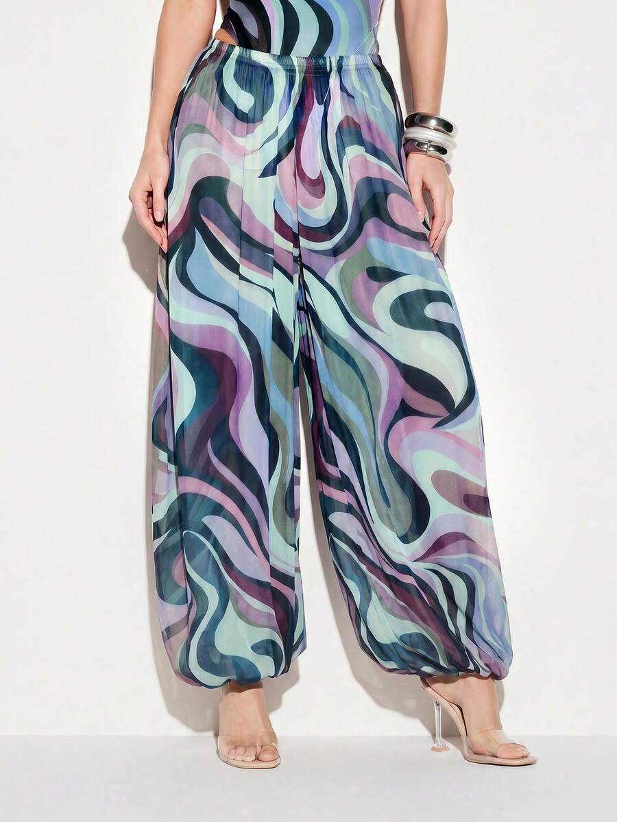KIZN Beach Cover Up Swirl Print Wide Leg Balloon Trousers Vacation Resort Swimwear Cover Up Pants Summer Beachwear Boho Style - Multicolor - View 1