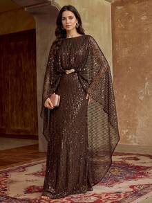ZEYLAH Áo choàng thanh lịch đính sequin, xếp ly eo, thích hợp cho mùa xuân/hè. - Cà phê nâu - Xem 2