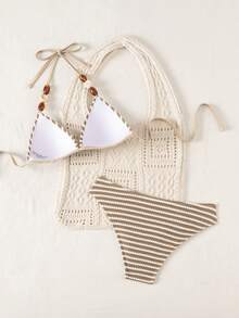 Swim Vcay Bộ bikini tam giác hai mảnh màu trơn dành cho nữ, dây mảnh, đính ngọc trai, buộc dây phía sau. - Nhiều màu - Xem 2