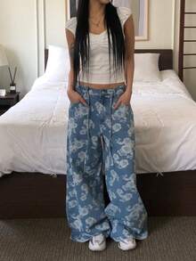 DAZY 女士水洗印花牛仔裤 - 藍色 - 查看 7