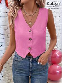 Easowa New Year Eve Office Lady Simple Solid Front Button Vest Shirt - Pink - View 8