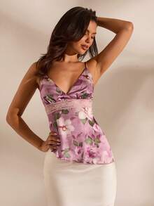 Opulessa Camisola asimétrica de mujer con encaje de contraste estampado y tejido para vacaciones de primavera/verano - Rosa - Ver 4