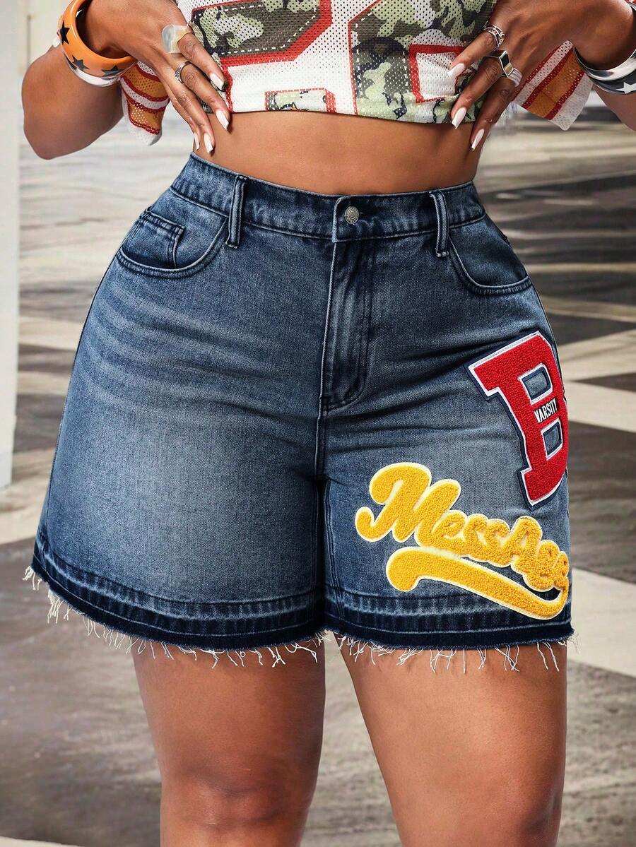 Slaydiva Plus Size Women's Non-Stretch Denim Shorts, American Retro Multicolor Letter Embroidered Pattern Straight Leg Jeans Shorts - Medium Wash - View 1