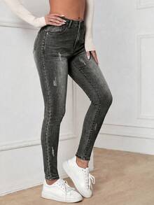 EMERY ROSE Quần jean denim nữ dáng ôm có túi, đa năng, thích hợp mặc thường ngày. - Xám - Xem 5