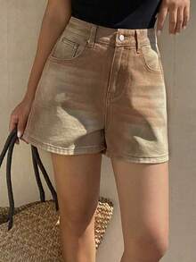 DAZY Shorts vaqueros de mujer de algodón lavado y vintage, adecuados para fiestas, playa, vacaciones y verano - Marrón - Ver 5