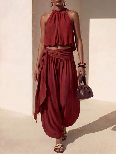 Zivah New Summer Boho Casual Vacation Western Nomadic Reddish-Brown Halter Neck Backless Tank Top + Tie-Up Jogger Pants Women Two Pieces Set. Suitable For Vacations, Music Festivals, Travel, Everyday Outings, Beach, Parties, Western Style, Nomadic Style, Airport Outfits, Brunch Outfits,Casual -Z