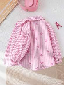 SHEIN LMoss Kids LMoss 女童宽松条纹翻领休闲衬衫 - 粉色 - 查看 3