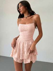 Aloruh Women's Fashion Versatile Cut-Out Double Ruffle Hem Camisole Romper - Dusty Pink - View 8