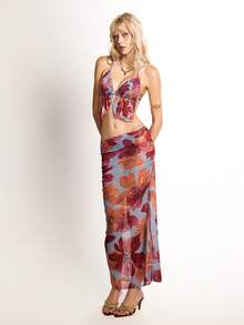 ROMWE Avant 26SS Primavera/Verão Conjunto de Maiô Bikini Halter com Estampa Floral Romântica 3 Peças, Cor Vermelho Pôr do Sol & Laranja - Verde - Visão 7