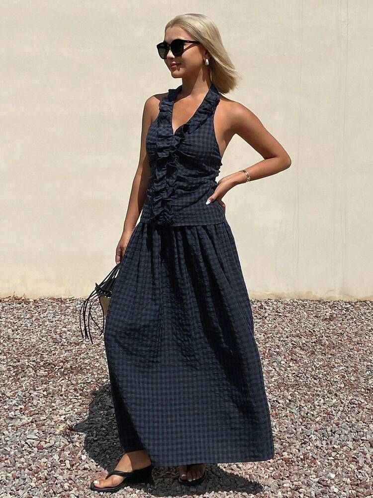 Plaid Tie-Waist Ruffle Halter Backless Crop Top & Long Flared Skirt Casual Summer 2-Piece Set For Women Lounge Sets For Women Short Sets For Women Vacation Outfits Women