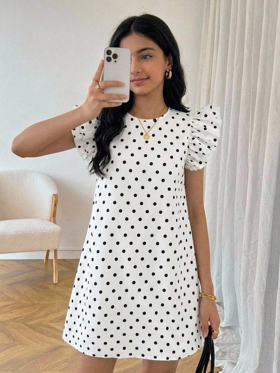 SHEIN 青少年女孩休閒極簡舒適收腰純色長洋裝 - 白色 - 查看 1