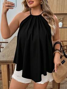 SHEIN CURVE+ Áo kiểu yếm cổ yếm màu trơn dáng rộng, vạt bất đối xứng, cỡ lớn, phong cách thường ngày. - màu đen - Xem 3