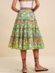 LOTSLUV Women's Emerald Green Floral And Patchwork Ruffle Hem Chiffon Print A-Line Skirt, Summer Holiday, Midi Skirts, Vacation, Festival Skirt Beach Boho - Multicolor - View 2