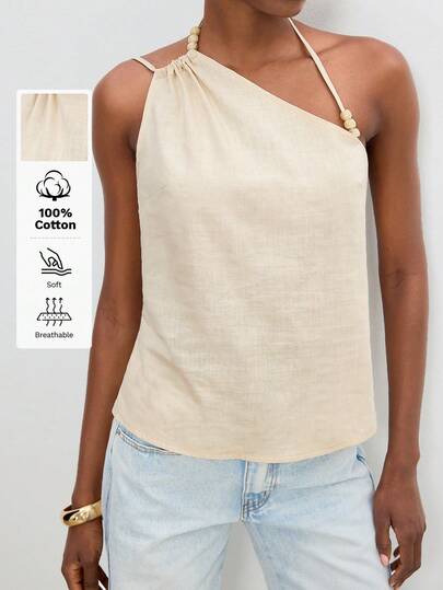 Maija Women's Vacation Casual Solid Color Asymmetric Neck Backless Halter Top