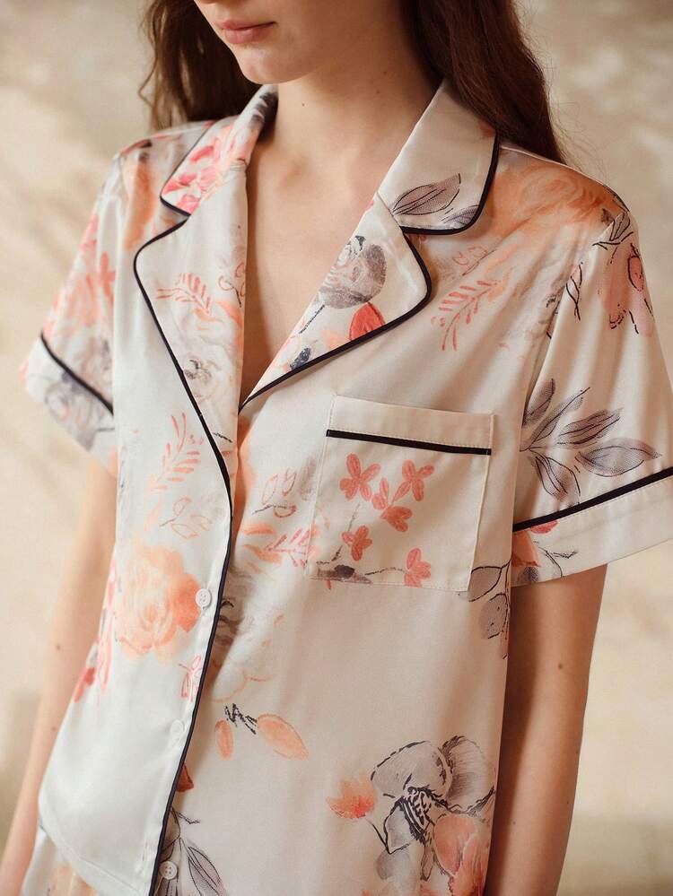 WOMEN FLORAL PRINT CONTRAST PIPING LAPEL COLLAR SHORT SLEEVE SHIRT & SHORTS PAJAMA SET