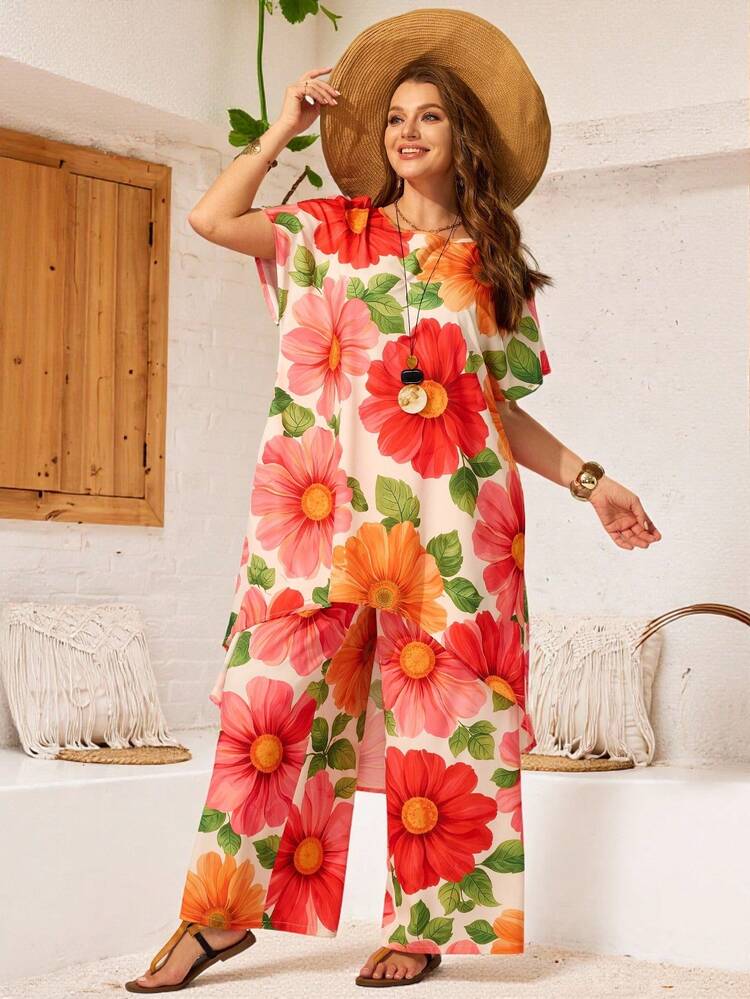 Plus Size Women 2 Pieces Set: Floral Print Shirt And Pants Summer Outfits Summer Dresses For Women Beach Outfits For Women Beach Outfits