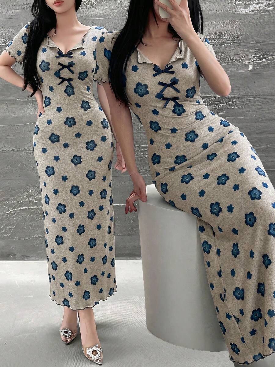 Feyla 女士印花V领修身中长款夏季连衣裙 - 杏色 - 查看 1