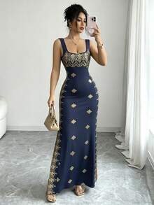 SHEIN Raffinéa 女士亮金色黑色夏季新款连衣裙，方领细肩带迷人露背开衩修身高腰连衣裙，适合派对、婚礼、商务宴会、日常活动、盛会、婚宴、节日装扮等场合。 - 藏蓝色 - 查看 5