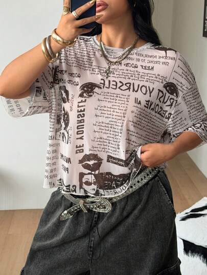 Coolane Camiseta corta de manga corta con cuello redondo, cómoda y elástica, con estampado de periódico, de malla transpirable, en estilo vintage Y2K, para fiestas y festivales de verano, talla grande para mujer, color rosa