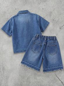 Bộ 2 món áo sơ mi và quần short denim đen họa tiết chữ thập cho bé trai - Rửa trung bình - Xem 2