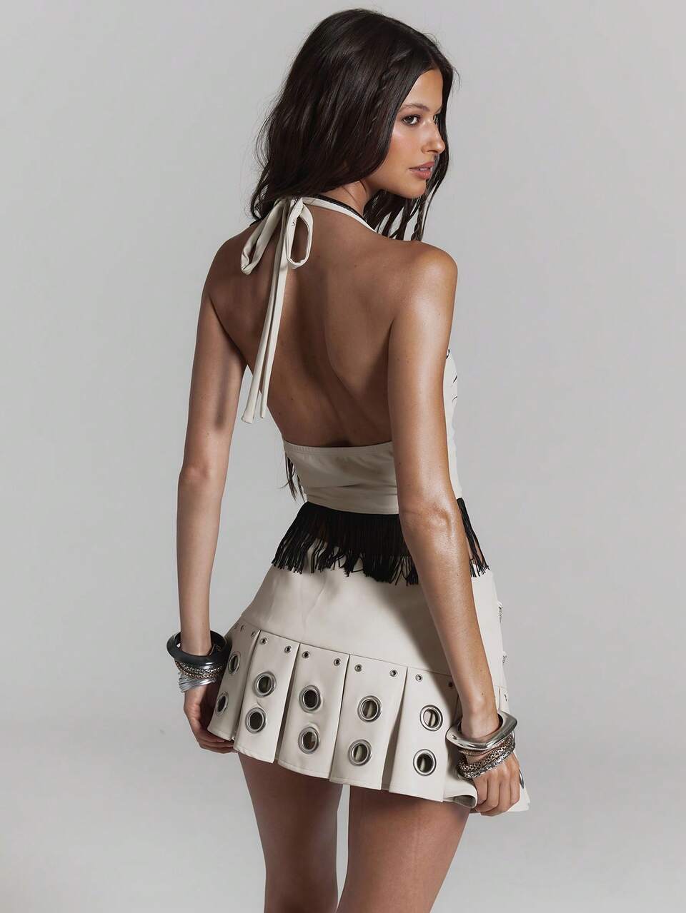 Zebra Print Embellished Fringe Halterneck Top