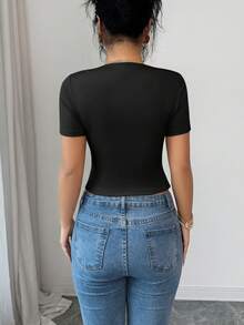 Elenzga Women's Elegant Sexy Short Sleeve Fitted Asymmetrical Hem Metal Decor Solid Color Versatile Minimalist T-Shirt, Spring/Summer Night Out Black - Black - View 2