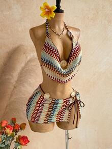 Soleia Women's Summer Beach Patchwork Halter Tie Tankini Top And Triangle Bottoms Swimwear Set With Mini Skirt - Multicolor - View 9