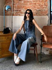 DAZY Bộ áo liền quần cổ ve lật một hàng khuy dành cho nữ, kiểu dáng thường ngày đi làm và đi nghỉ mát. - Màu xanh lam - Xem 4