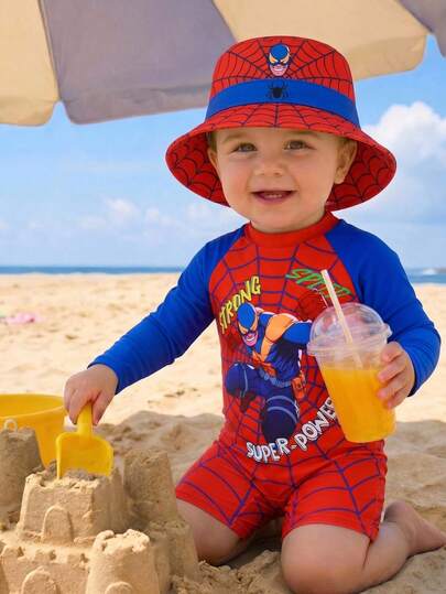 SHEIN Áo bơi dài tay chống nắng cho bé trai, họa tiết mạng nhện, sọc xanh tương phản, thích hợp cho kỳ nghỉ, bãi biển, lướt sóng, đồ bơi dài tay cho bé trai.