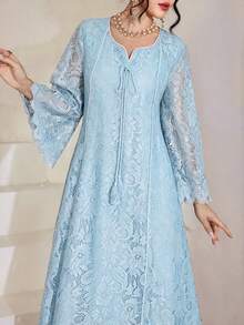 SHEIN Najma Đầm xòe tay lửng 3/4 cổ vuông phối ren tua rua dành cho nữ - Màu xanh lam - Xem 1