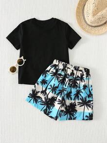 Cozy Pixies 2pcs Young Boy Coconut Tree Pattern Knit Soft Round Neck Short Sleeve T-Shirt And Elastic Waist Shorts Set - Multicolor - View 2