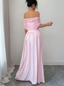 Elenzga Women's Solid Color Pleated Off-Shoulder Elegant Dress - Pink - View 2