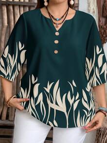 EMERY ROSE Plus Size Plant Print Casual Business Casual Traditional Shirt Suitable For Summer Vacation Dark Green - Green - View 6