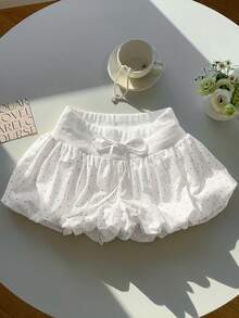 Comfortcana Summer Casual Red Polka Dot Print Drawstring Waist Ruffle Hem Shorts - White - View 6