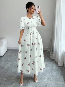 Modelyn A-Line Waist Cinching Floral Print Short Sleeve Dress, Spring/Summer Floral Dress Summer Dresses For Women Summer Outfits - Blue - View 4