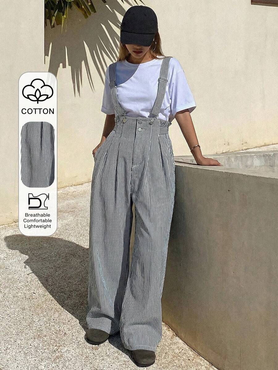 DAZY Pantalones peto vaqueros holgados y ajustables con rayas, estilo casual de ciudad para mujer - Azul - Ver 1