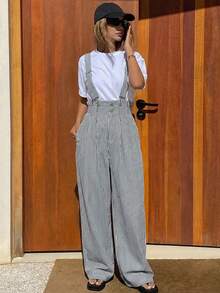 DAZY Pantalones peto vaqueros holgados y ajustables con rayas, estilo casual de ciudad para mujer - Azul - Ver 2